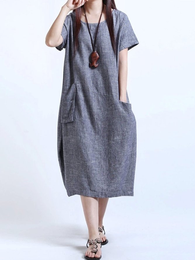 Round Neck Patch Pocket Plain Cotton/Linen Maxi Dress | noracora