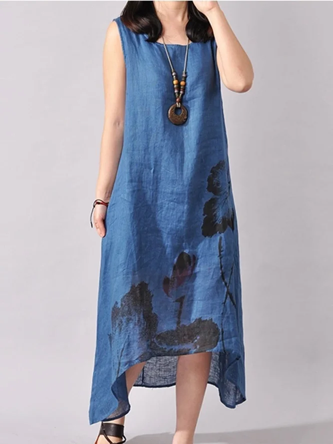 High-Low Round Neck Printed Maxi Dress | noracora