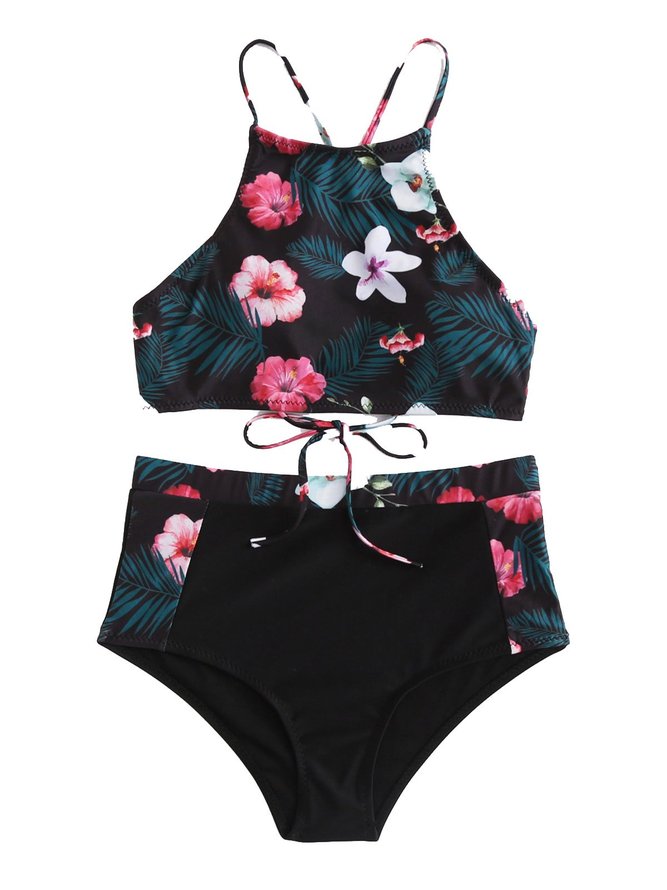 Black Spandex Halter Floral Two-piece Swimsuit | noracora