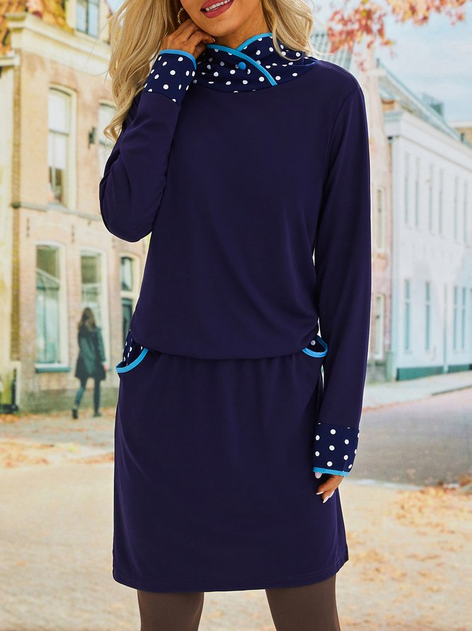 Deep Blue Long Sleeve Polka Dots Turtleneck Knitting Dress