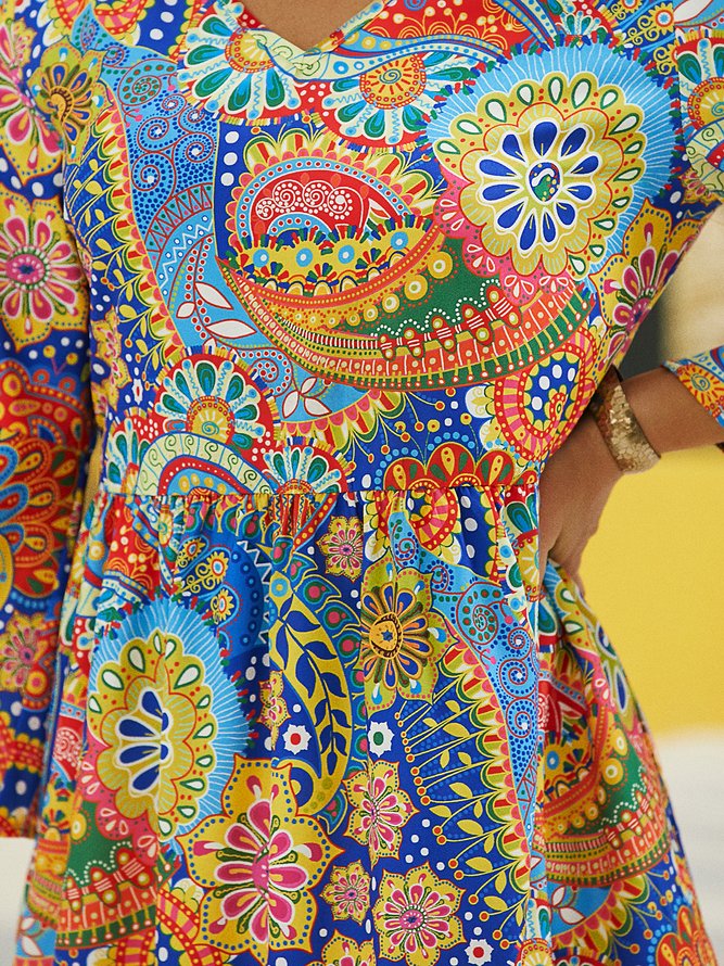 Women's Shift Dress Knee Length Dress Floral Smocked Ruffle Print Casual Boho Flare Cuff Sleeve Regular Fit V Neck Tribal Short Sleeve Dress