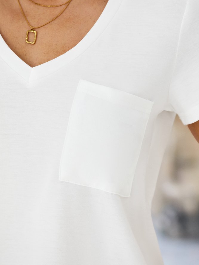 Short Sleeve Pockets V neck Solid Casual T-shirt
