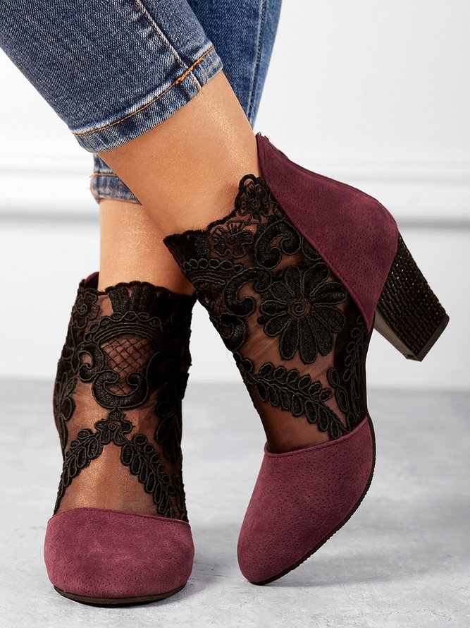 Lace Split Joint Chunky Heel Sandals Boots with Back Zip
