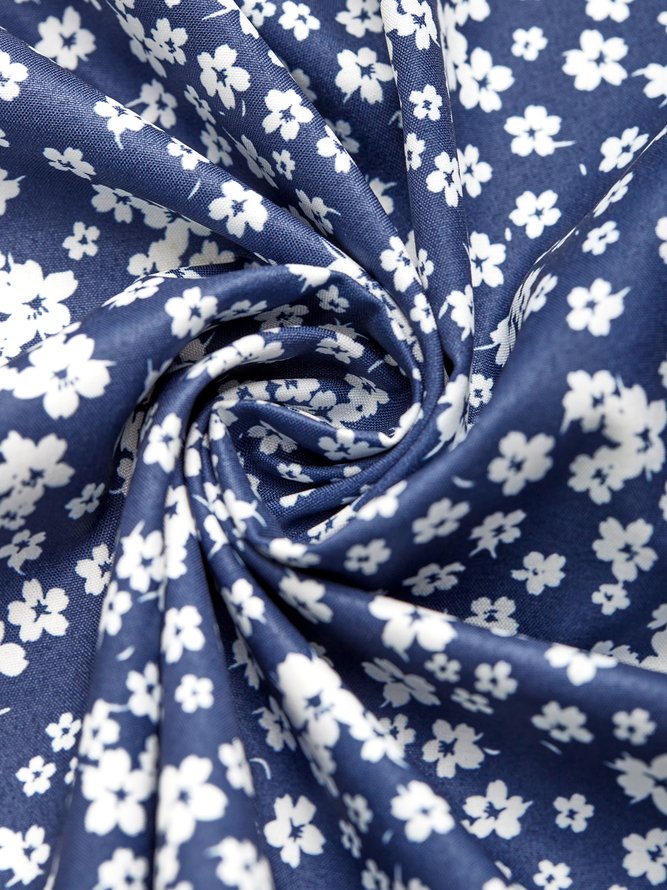 Navy Blue Short Sleeve Shift Floral-Print Causal Dresses