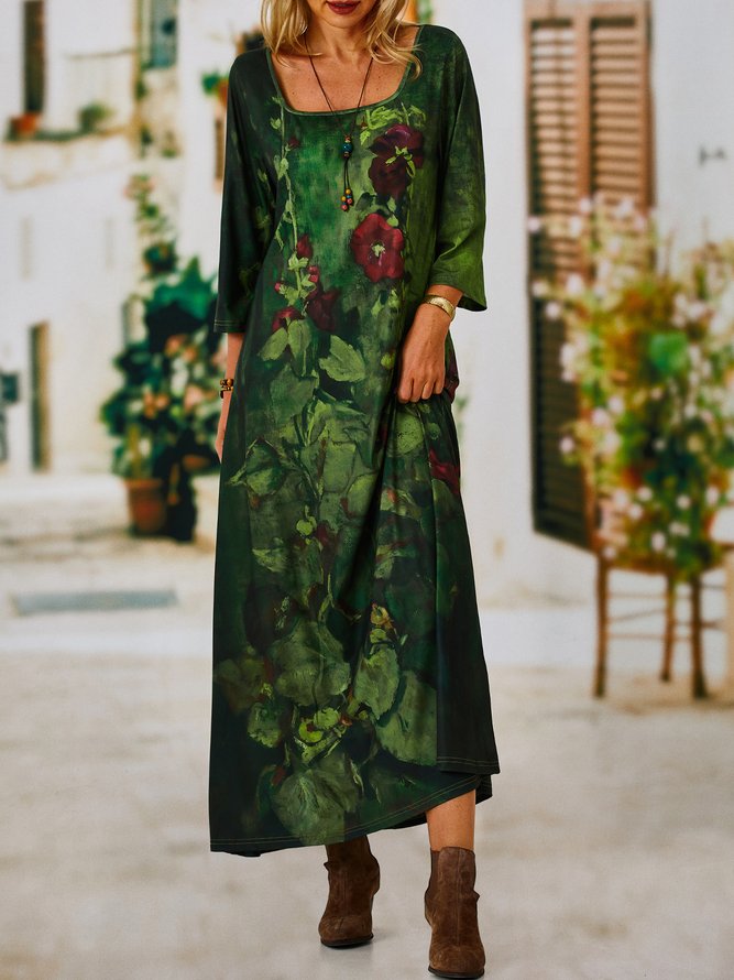 Floral Square Neck Casual Dress