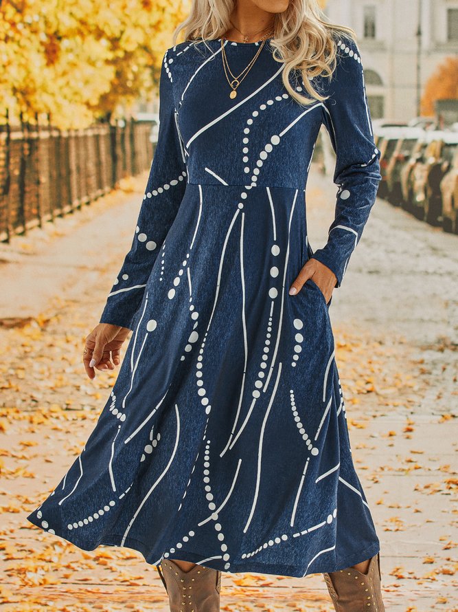 Casual Geometric Polka Dots Long Sleeve A-Line Dress