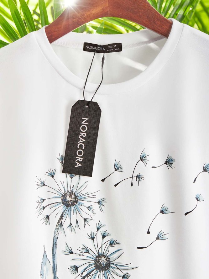 Casual Dandelion Short Sleeve Round Neck Plus Size Printed Tops T-shirts