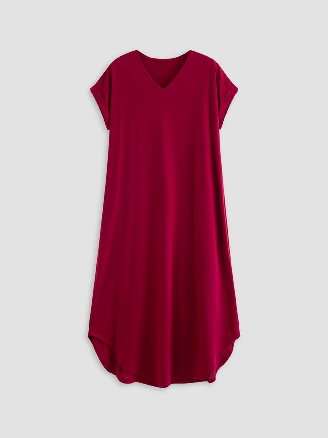 V Neck Cotton-Blend Solid Short Sleeve Casual Dress
