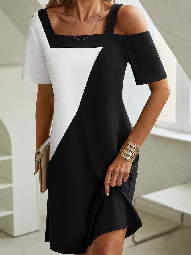 Casual Color Block Summer One Shoulder Natural Loose Short sleeve Regular Medium Elasticity Dresses for Women