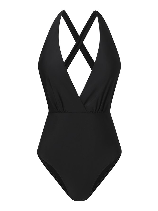 Casual Plain Knot Front V Neck One Piece Swimsuit