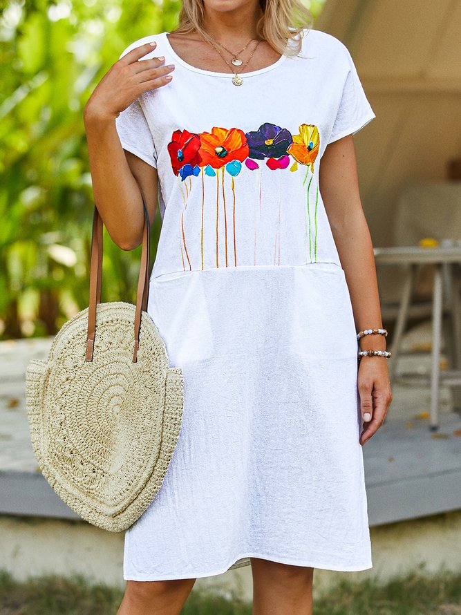 Floral Summer Casual Pockets Natural Standard Short sleeve Loose A-Line Dresses for Women