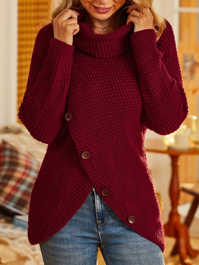 Solid Cowl Neck Long Sleeve Casual Sweater
