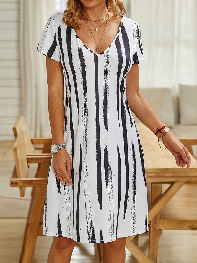 Striped V Neck Casual Short Sleeve Dress