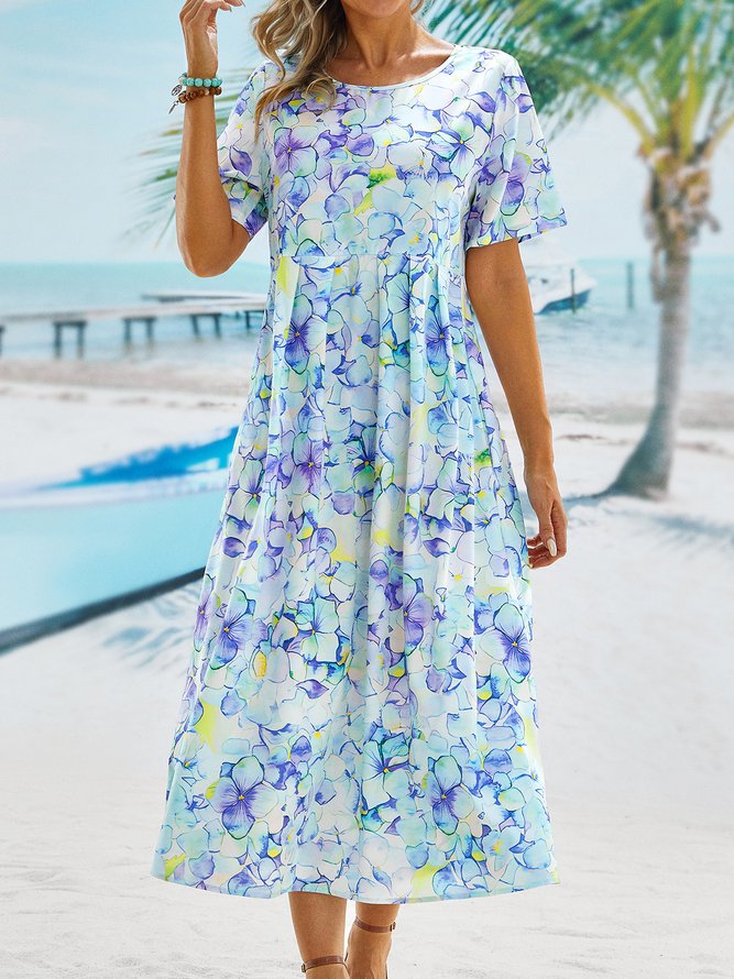 Women's A Line Dress Maxi long Dress blue Short Sleeve Floral Ruched Pocket Print Woven Summer Fall Crew Neck Casual 2022