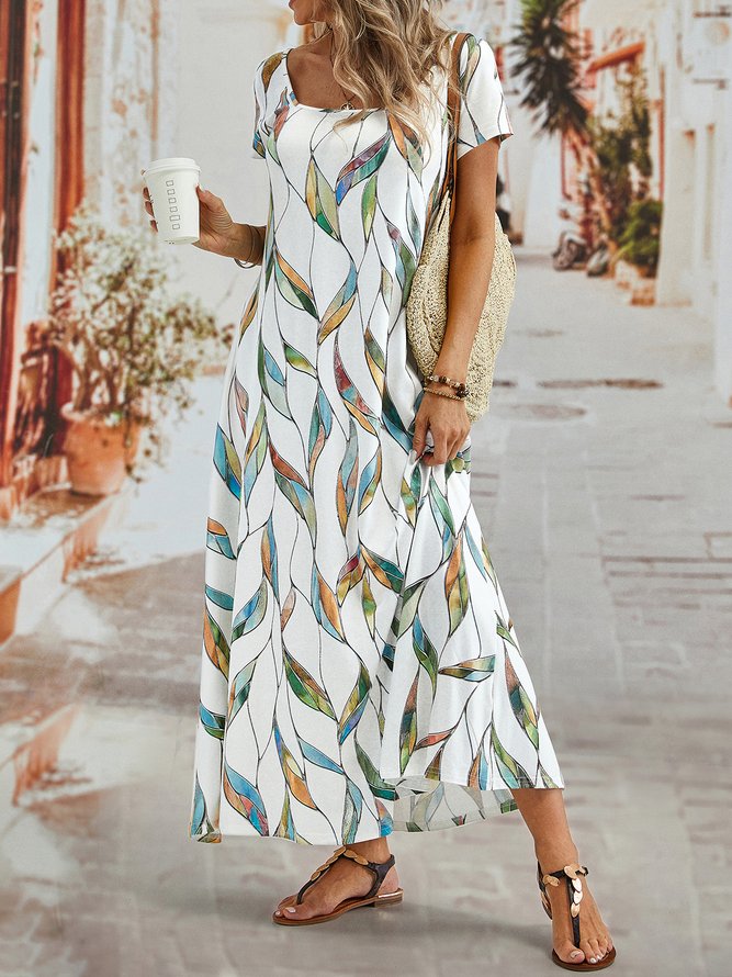 Printed Casual Square Neck Short Sleeve Dresses