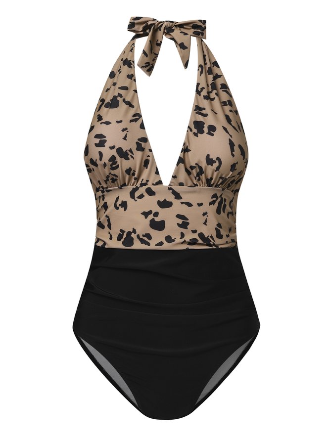 Vacation Leopard Printing V Neck One Piece Swimsuit