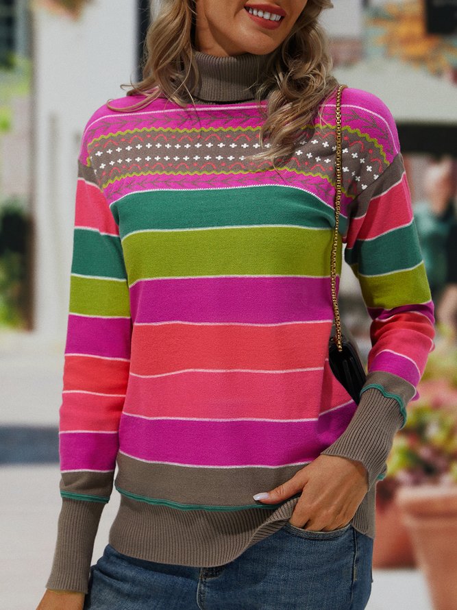 Long Sleeve Turtleneck Striped Sweater