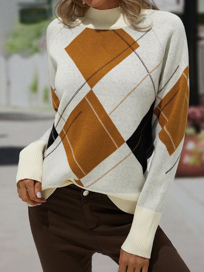 Beige Cotton-Blend Geometric Long Sleeve Sweater
