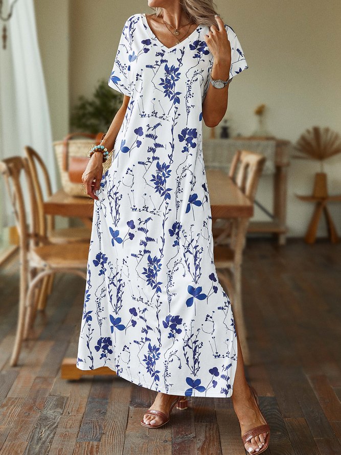 Women Floral Summer Casual V neck Natural Micro-Elasticity Daily Jersey Standard Dresses