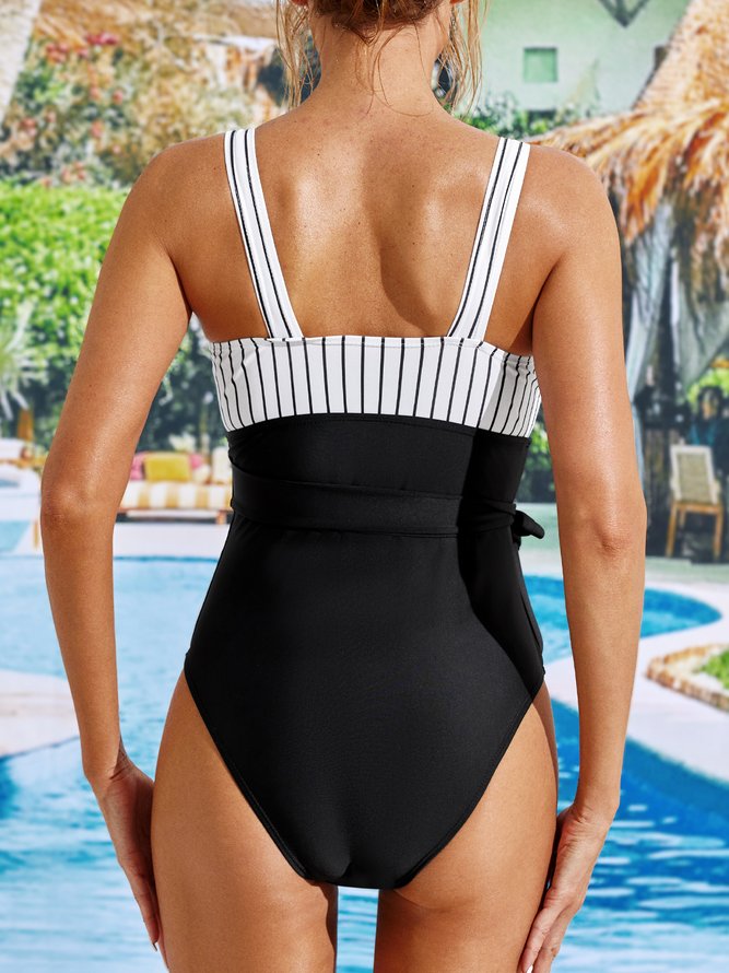 Casual Striped Printing V Neck One Piece Swimsuit