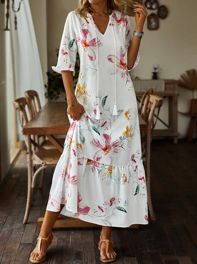 Women's Shift Dress Short Maxi Dress half Sleeve Floral Print Summer Fall V Neck Casual dress 2022