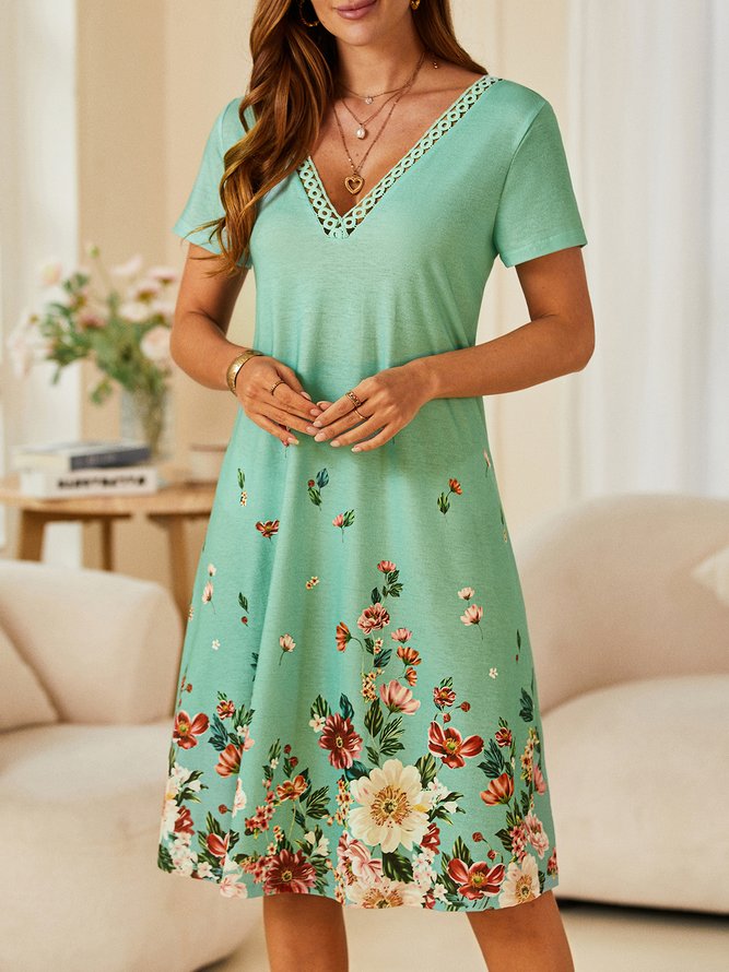 Vacation Floral Loosen V Neck Midi Short Sleeve Knit Dress