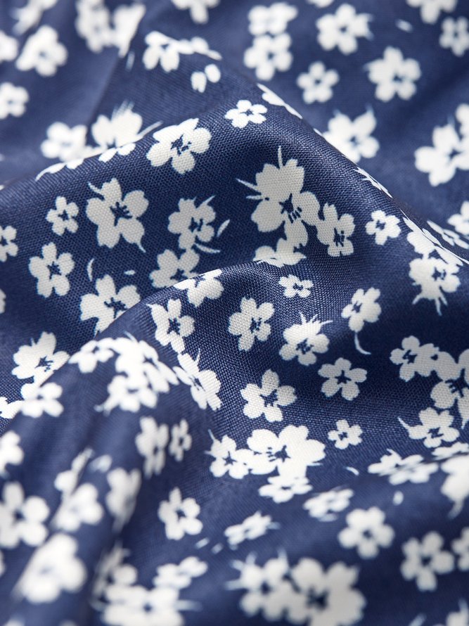 Navy Blue Short Sleeve Shift Floral-Print Causal Dresses