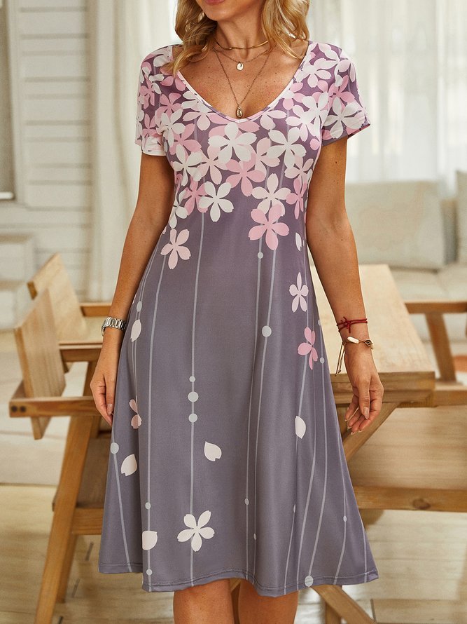 Casual Floral Short Sleeve V Neck Plus Size Printed Dress