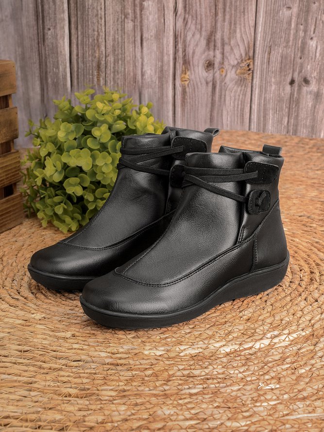 Women Casual Braided Strap Lether PU Flat Heel Boots