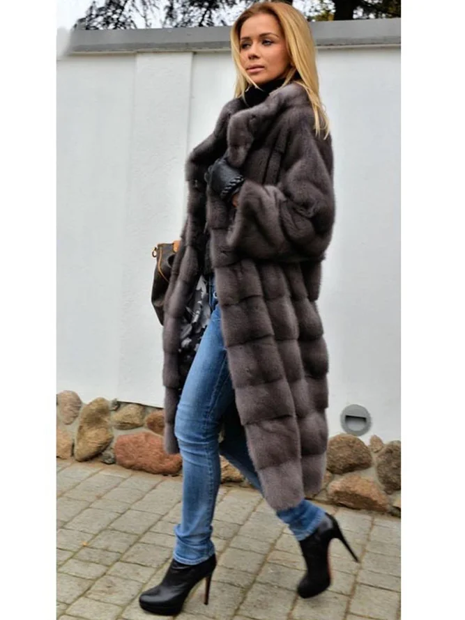 Plus Size Women Long Pattern Thick Faux Mink Fur Leather Parka Winter ...