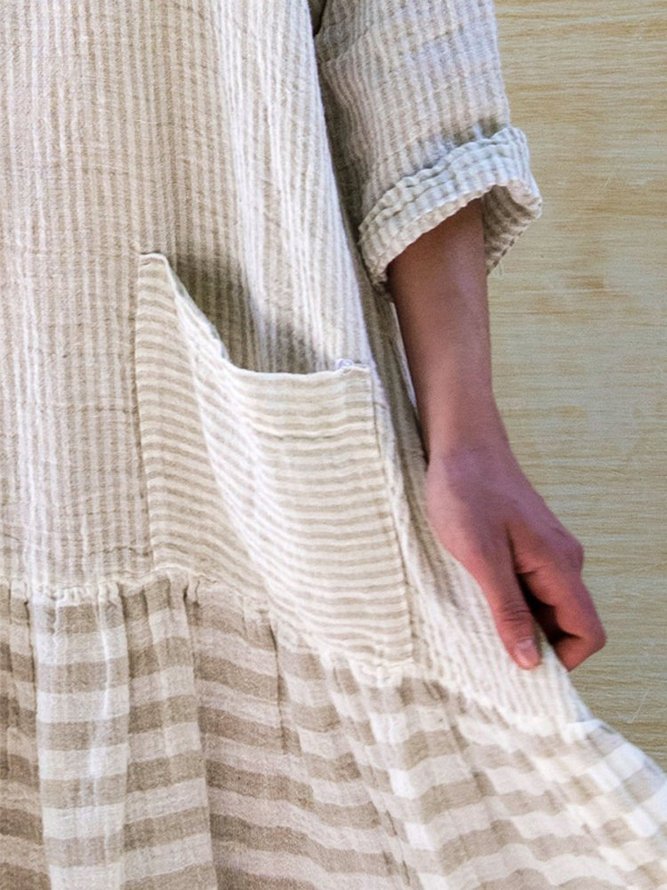 Plus Size Casual Stripe Patchwork Pockets 3/4 Sleeve Dress
