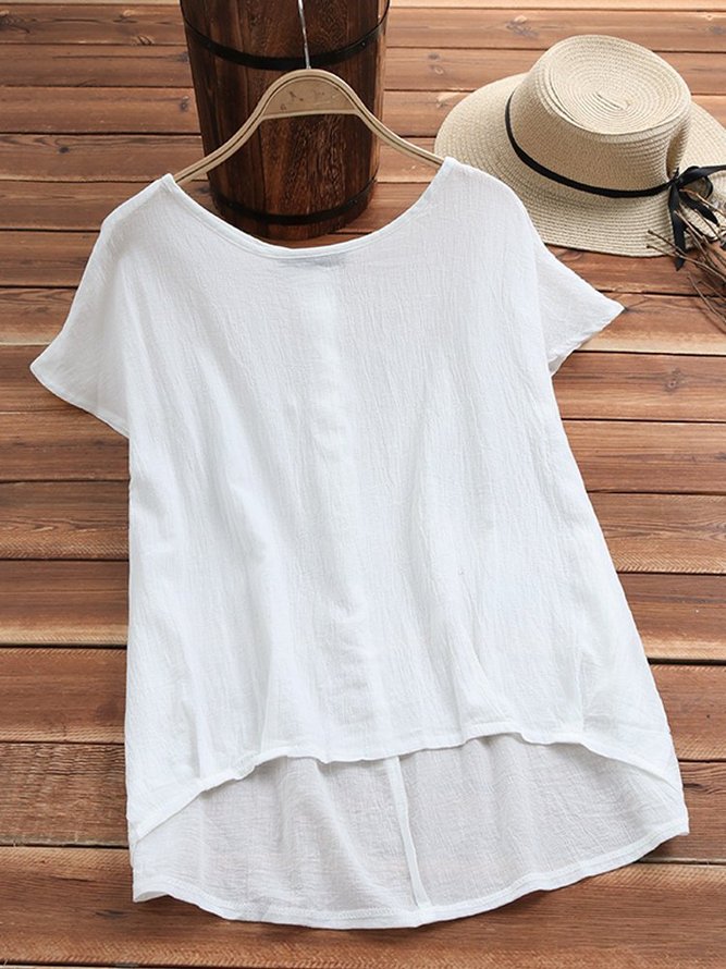 Solid Round Neck Cotton Casual Casual Tops | noracora