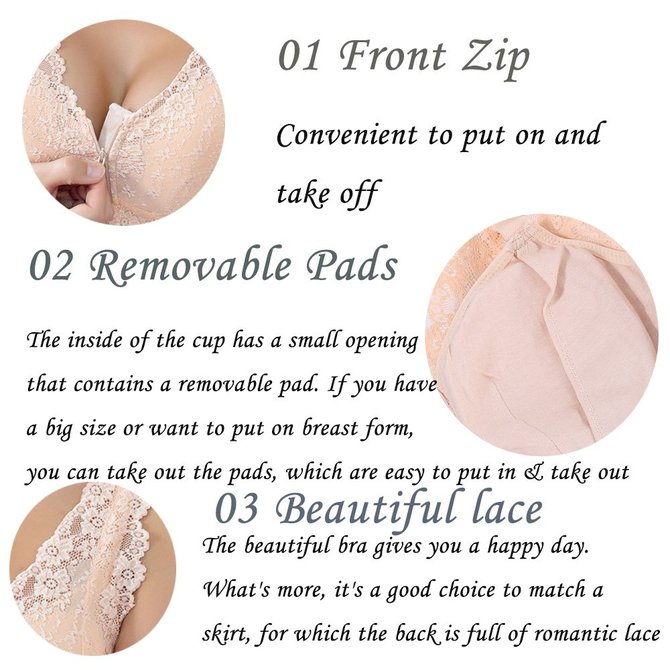 Front Zipper Soft Cotton Lining Gather Sexy Lace Wireless Bra