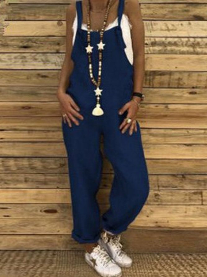 Women Basic Solid Casual Linen Comfortable Jumpsuit Overalls noracora
