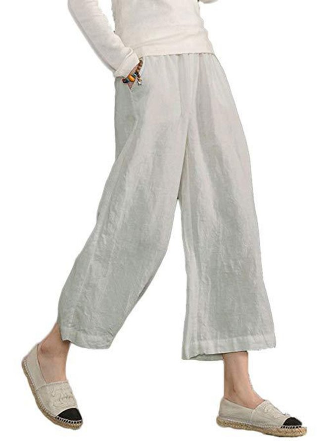 Women Plus Size Casual Solid Pockets Summer Linen & Cotton Bottoms
