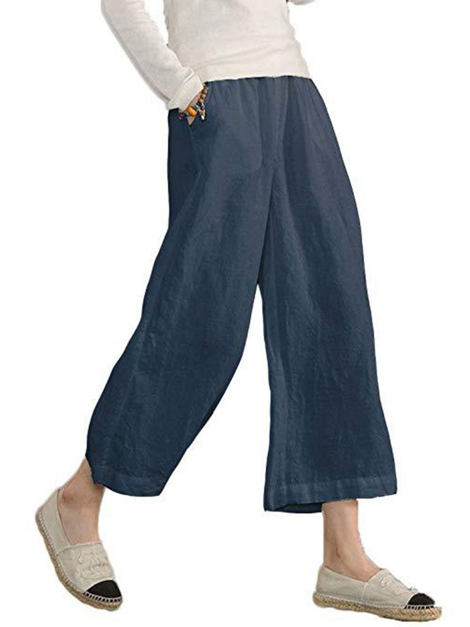 Women Plus Size Casual Solid Pockets Summer Linen & Cotton Bottoms