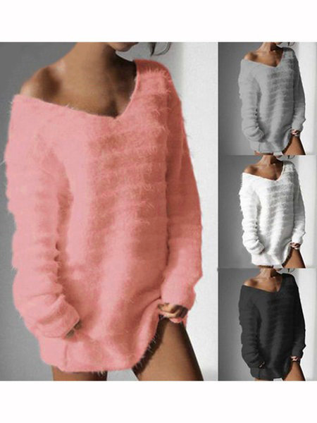Women V Neck Fuzzy Sweater Solid Cashmere Fleece
