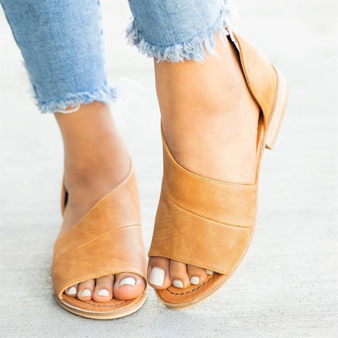 Peep Toe Side-cut Style Stacked Heel Flats | noracora
