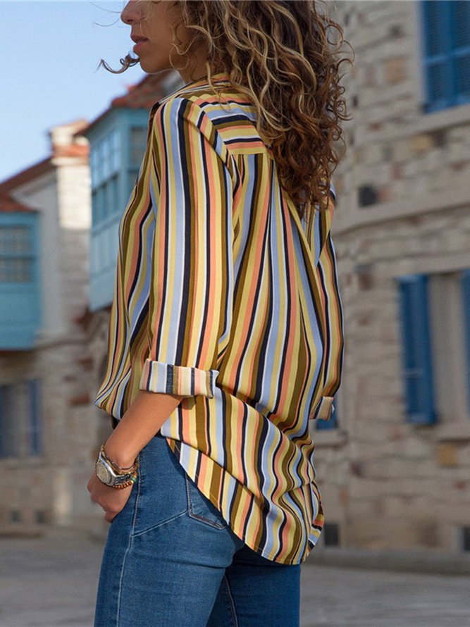 Stripe Printed Long Sleeve Casual Shirt Collar Blouses