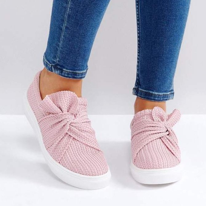 Women Knitted Twist Pink Slip On Sneakers noracora