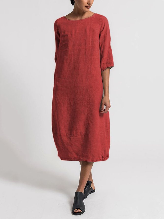 Casual Cotton Solid Crew Neck Linen Maxi Dresses | noracora