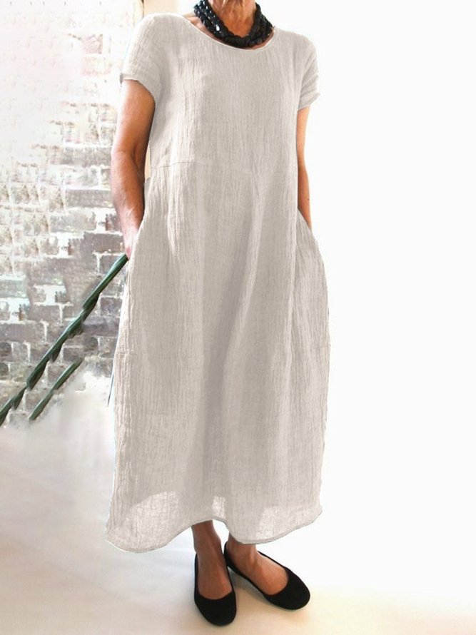 Women Casual Linen Dress Round Neck Short Sleeve Shift Summer Weaving Dress