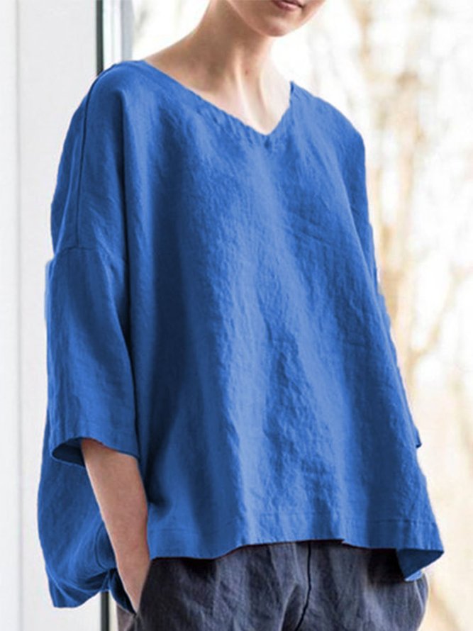 Women Casual Tops V Neck Asymmetrical Long Sleeve Cotton Shirts | noracora