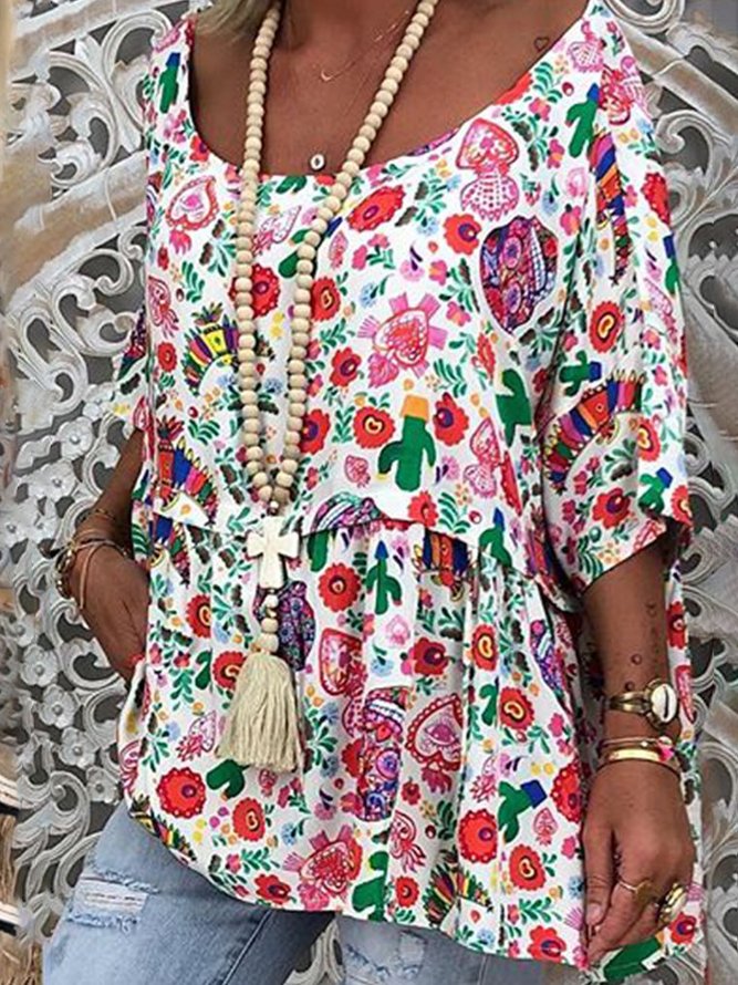 Floral Half Sleeve Causal Tops noracora