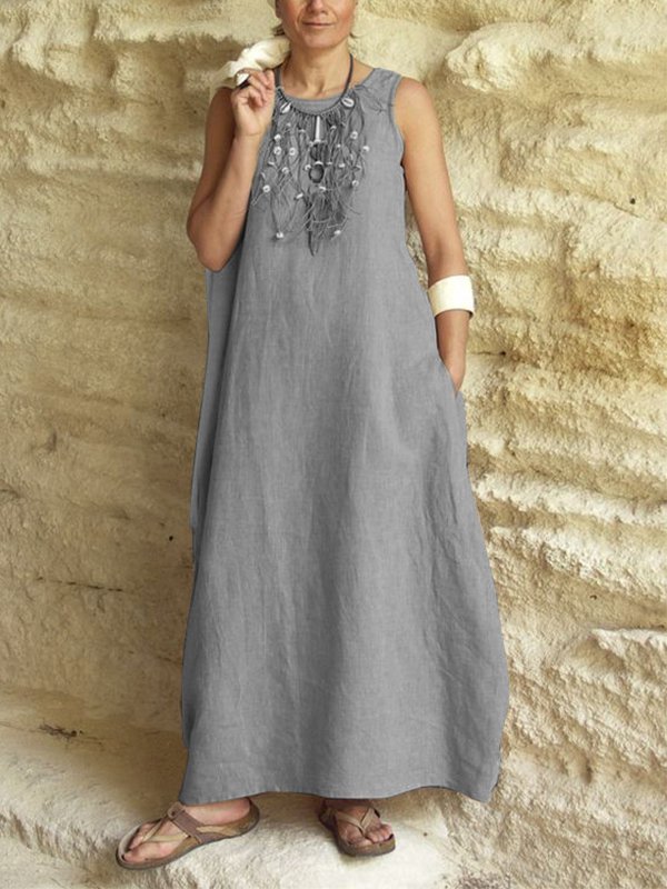 Casual Sleeveless Round Neck Solid Maxi Dress With Pockets
