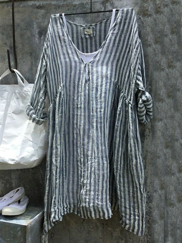 3/4 Sleeve Cotton Linen Striped Casual Casual Tops & Blouse