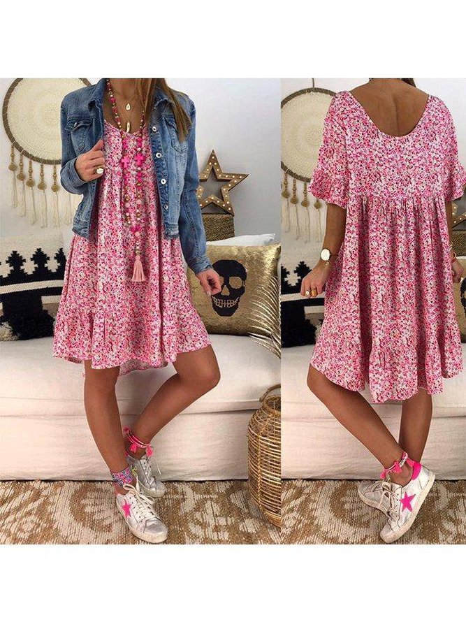Red Floral Casual Short Sleeve Ruffled Dress