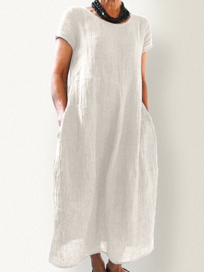 Linen Cotton Round Neck Pockets Shift Linen Dress for Wowen