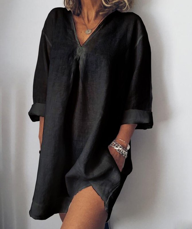Plus Size V Neck Women Vintage Solid Weaving Dress | noracora
