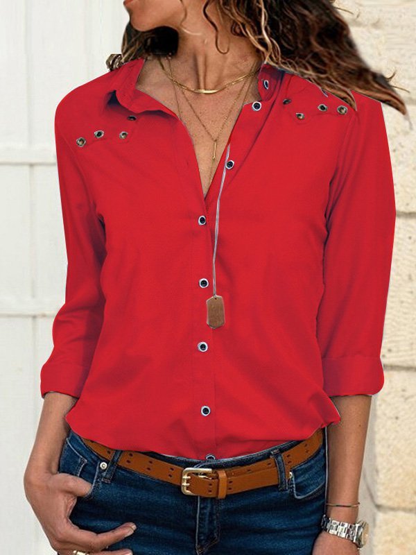 Long Sleeve Buttoned Solid Turn-Down Collar Blouse | noracora